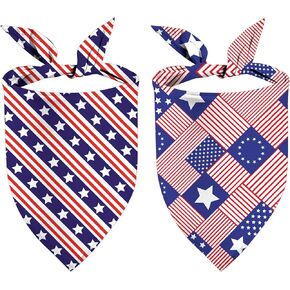 4Th of July Dog Bandanas, Double Sided 2 Pack Holiday Patriotic Puppy Bandanas, American Flag Stars Square Dog Kerchief Independence Day Dogs Gifts (05)