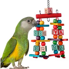 Super Bird Creations SB448 Katy's ABC Jr. Interactive Bird Toy - Durable Chew Toy, Non-Toxic Textured ABC Blocks, Safe 'Polly' Rope, Ideal for Ringnecks and More - Medium Bird Size - 7" x 5" x 1.5"
