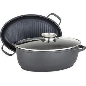 Viking Culinary 3-in-1 8.6 Qt Die Cast Oval Roaster with Glass Basting Lid, Gray