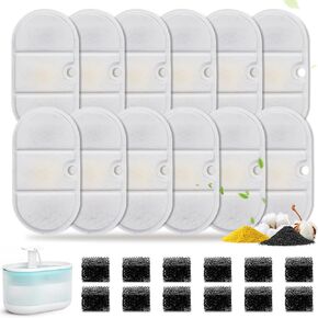 24 Pcs Pet Water Fountain Replacement Filters, Compatible with PETLIBRO 71oz/2.1L BPA-Free Capsule Cat Fountain PLWF002-12 Pack Water Fountain Filters & 12 Pack Pre-Filter Sponges