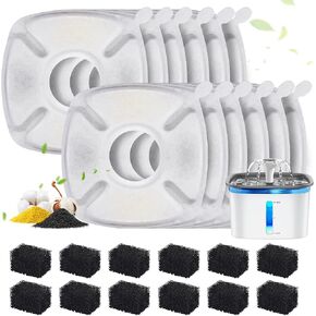 24 Pcs Cat Water Fountain Replacement Filters, Compatible with Veken 95oz/2.8L Automatic Pet Fountain - 12 Pack Water Fountain Filters & 12 Pack Pre-Filter Sponges