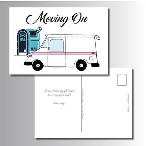 Mail Carrier Moving on Postcards LLV 50 pack-Retirement Announcement from Mailman or Mail lady Post Clerk Postal Carrier Postman-Kards by Kaylee