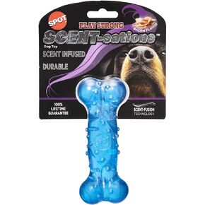 SPOT Play Strong Scent-sations Bone - Scent-Infused, Strong, Durable TPR Rubber, Heavy Duty Dog Toys for Aggressive Chewers up to 45lbs, Perfect for Small & Medium Breeds, 5in, Bacon Flavored