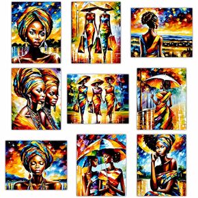 Black Women Wall Decor - African American Afro Girl Fashion Art Prints - Abstract Boho Rain Starry Night Autumn Landscape Poster Painting Artwork Female Living Room Decoration - 8x10 UNFRAMED Photos