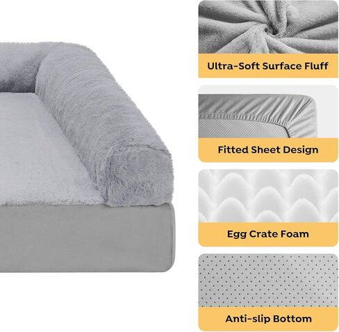 سرير Veehoo للكلاب الكبيرة الحجم - سرير أريكة كبير للكلاب 2 في 1 مع غطاء ملاءة مثبت قابل للإزالة، سرير كبير للكلاب مع قاعدة غير قابلة للانزلاق ورغوة قفص البيض، مقاس L، رمادي فاتح in Kuwait