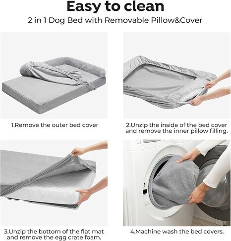 سرير Veehoo للكلاب الكبيرة الحجم - سرير أريكة كبير للكلاب 2 في 1 مع غطاء ملاءة مثبت قابل للإزالة، سرير كبير للكلاب مع قاعدة غير قابلة للانزلاق ورغوة قفص البيض، مقاس L، رمادي فاتح in Kuwait