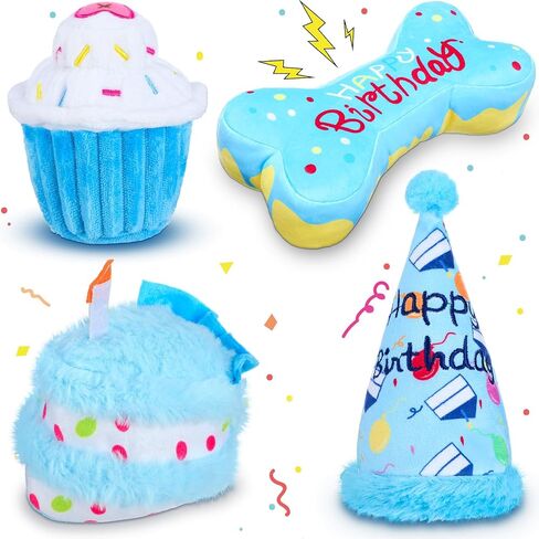 4 Pcs Dog Birthday Toys Set Plush Squeaky Dog Toys Birthday Gift for Dogs Boys and Girls Stuffed Chew Toys for Small Medium Large Dogs Birthday Party in Saudi Arabia