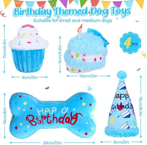 4 Pcs Dog Birthday Toys Set Plush Squeaky Dog Toys Birthday Gift for Dogs Boys and Girls Stuffed Chew Toys for Small Medium Large Dogs Birthday Party in Saudi Arabia