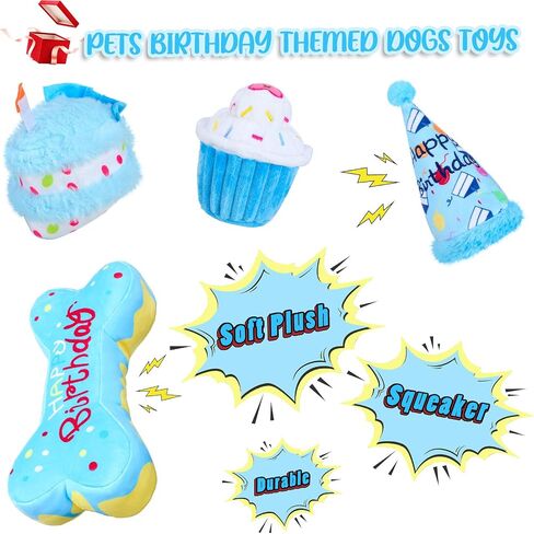 4 Pcs Dog Birthday Toys Set Plush Squeaky Dog Toys Birthday Gift for Dogs Boys and Girls Stuffed Chew Toys for Small Medium Large Dogs Birthday Party in Saudi Arabia