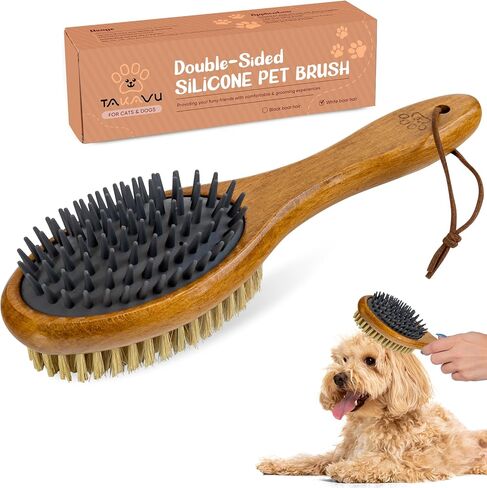 Pet Grooming Brush, Double-Sided Silicone & Bristle Brush for Short Hair Brushing, Ideal for Detangling Deshedding Massage Pet Skin, Pet Supplies Comb with Wood Handle for Pitbulls Yorkies Poodles Tzu in Kuwait