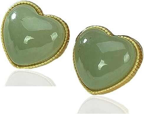 925 Sterling Silver Green Jade Heart Stud Earrings 14K Gold Plated Matte Finish Natural Gemstone Dainty Stud Women's Earrings - Hypoallergenic Safe for Sensitive Ears - USA HANDMADE (green-jade) in Saudi Arabia