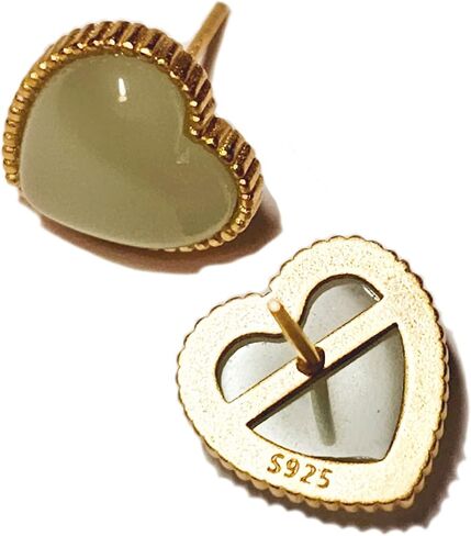 925 Sterling Silver Green Jade Heart Stud Earrings 14K Gold Plated Matte Finish Natural Gemstone Dainty Stud Women's Earrings - Hypoallergenic Safe for Sensitive Ears - USA HANDMADE (green-jade) in Saudi Arabia