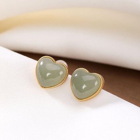 925 Sterling Silver Green Jade Heart Stud Earrings 14K Gold Plated Matte Finish Natural Gemstone Dainty Stud Women's Earrings - Hypoallergenic Safe for Sensitive Ears - USA HANDMADE (green-jade) in Saudi Arabia