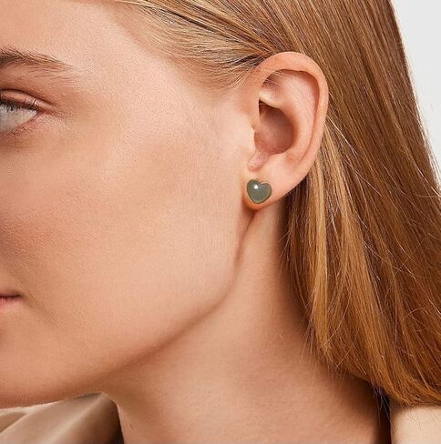925 Sterling Silver Green Jade Heart Stud Earrings 14K Gold Plated Matte Finish Natural Gemstone Dainty Stud Women's Earrings - Hypoallergenic Safe for Sensitive Ears - USA HANDMADE (green-jade) in Saudi Arabia