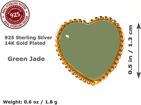 925 Sterling Silver Green Jade Heart Stud Earrings 14K Gold Plated Matte Finish Natural Gemstone Dainty Stud Women's Earrings - Hypoallergenic Safe for Sensitive Ears - USA HANDMADE (green-jade) in Saudi Arabia