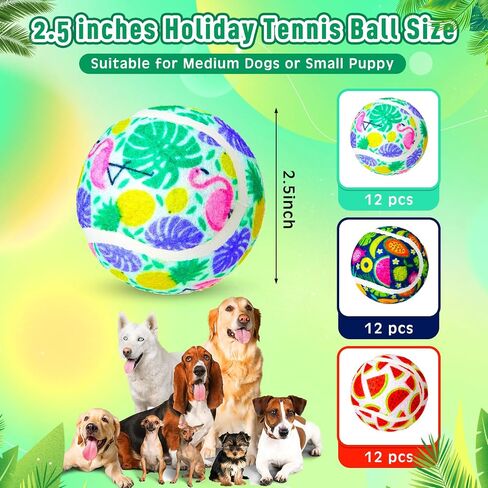 36 Pcs Summer Dog Tennis Balls 2.5 Inches Toy Ball for Small Medium Large Dogs Durable Teething Chew Toys for Aggressive Dogs Exercise Training Catching, 3 Styles in Saudi Arabia