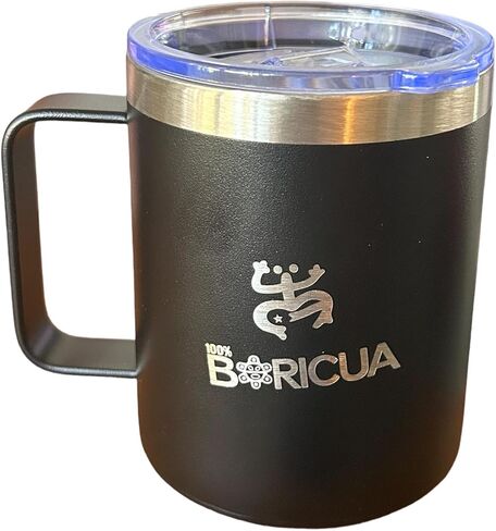 كوب قهوة BORICUA سعة 12 أونصة، كوب تخييم معزول بالفراغ مع غطاء، كوب سفر مزدوج من الفولاذ المقاوم للصدأ، ترمس قهوة خارجي/داخلي، مطلي بمسحوق أسود. فخر بورتوريكو in Kuwait