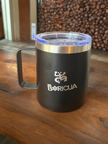 كوب قهوة BORICUA سعة 12 أونصة، كوب تخييم معزول بالفراغ مع غطاء، كوب سفر مزدوج من الفولاذ المقاوم للصدأ، ترمس قهوة خارجي/داخلي، مطلي بمسحوق أسود. فخر بورتوريكو in Kuwait