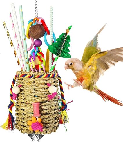 ألعاب البحث عن الطعام للطيور، لعبة الطيور سلة الأعشاب البحرية الصالحة للأكل مع كتل خشبية ورقية ملونة وجوز الخيزران ألعاب مضغ شجرة العسل، مناسبة للببغاوات الكونيور وطيور الحب الصغيرة in Kuwait