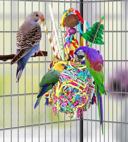 ألعاب البحث عن الطعام للطيور، لعبة الطيور سلة الأعشاب البحرية الصالحة للأكل مع كتل خشبية ورقية ملونة وجوز الخيزران ألعاب مضغ شجرة العسل، مناسبة للببغاوات الكونيور وطيور الحب الصغيرة in Kuwait