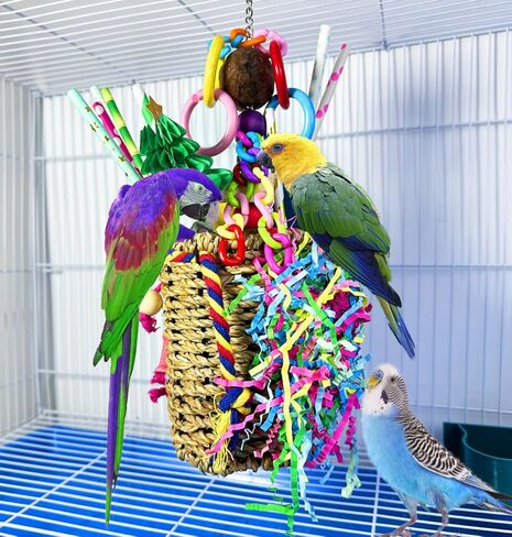 ألعاب البحث عن الطعام للطيور، لعبة الطيور سلة الأعشاب البحرية الصالحة للأكل مع كتل خشبية ورقية ملونة وجوز الخيزران ألعاب مضغ شجرة العسل، مناسبة للببغاوات الكونيور وطيور الحب الصغيرة in Kuwait