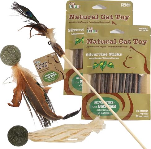 Penn-Plax Cat-Life Natural 5-Piece Toy Bundle for Cats – Contains Silvervine and Compressed Catnip – 2 Wands, 1 Pack of Silvervine Sticks, and 2 Birdies in Saudi Arabia