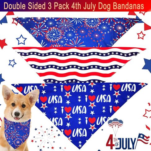 4th of July Dog Bandanas 3Pack عكسها العلم الأمريكي مثلث وشاح للكلاب الكبيرة الفتيان الفتيات جرو منديل الوطنية زي الملحقات الولايات المتحدة الأمريكية يوم الاستقلال الزي (الولايات المتحدة الأمريكية العلم عصابات، كبير) in Saudi Arabia