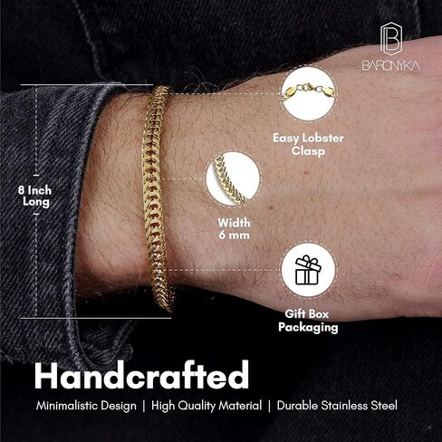 Baronyka Handmade Gold Bracelet for Men, Stainless Steel Link Chain Bracelet, 8" with Lobster Clasp, Waterproof Gold Rope Bracelet in Kuwait