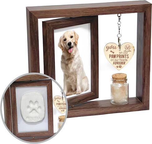 Dog or Cat Pawprint Keepsake Kit, Wooden Pet Picture Frame with Pet Hair Memorial Bottle, Pet Paw Print Impression Kit with 2 Clay, Personalized Gift for Pet Lovers in Saudi Arabia