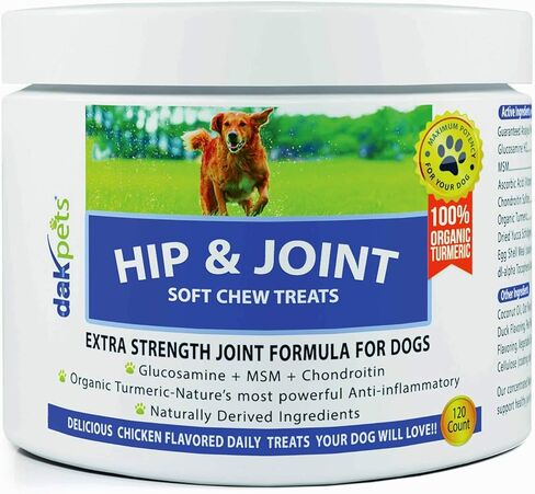 DakPets Glucosamine Chondroitin, MSM, Hip & Joint Supplement for Dogs, Organic Turmeric Soft Chews, Supports Healthy Joint Function and Helps with Pain Relief 120-Count in Saudi Arabia