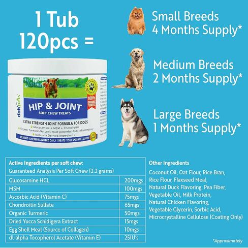 DakPets Glucosamine Chondroitin, MSM, Hip & Joint Supplement for Dogs, Organic Turmeric Soft Chews, Supports Healthy Joint Function and Helps with Pain Relief 120-Count in Saudi Arabia