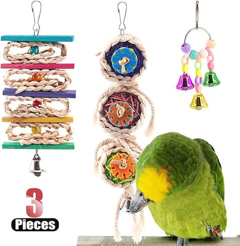 Hilitchi 3 Pack Bird Toys Set, Hanging Bells, Rattan Balls and Twisted String for Parrots, Parakeet, Conure, Cockatiel, Mynah, Love Birds Small Parakeet Cages Decorative Accessories in Saudi Arabia