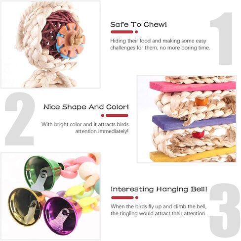 Hilitchi 3 Pack Bird Toys Set, Hanging Bells, Rattan Balls and Twisted String for Parrots, Parakeet, Conure, Cockatiel, Mynah, Love Birds Small Parakeet Cages Decorative Accessories in Saudi Arabia