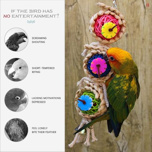 Hilitchi 3 Pack Bird Toys Set, Hanging Bells, Rattan Balls and Twisted String for Parrots, Parakeet, Conure, Cockatiel, Mynah, Love Birds Small Parakeet Cages Decorative Accessories in Saudi Arabia