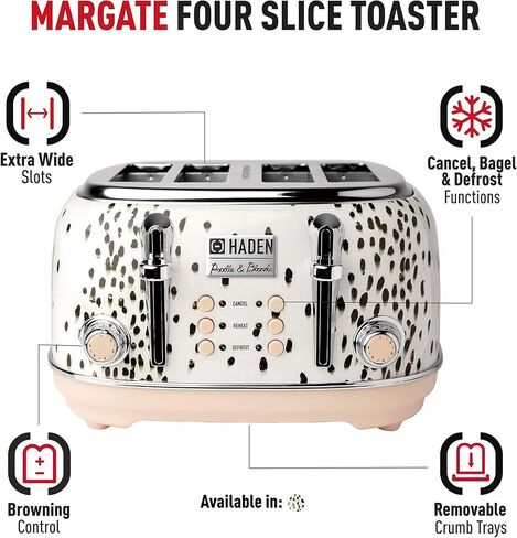 Haden Margate Poodle & Blonde Stainless Steel 4 Slice Toaster with Wide Slots, 6 Browning Control, and Removable Crumb Tray, Pale Pink/Chrome in Kuwait