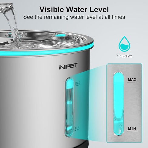 نافورة مياه للقطط من الفولاذ المقاوم للصدأ من NPET WF210، 50 أونصة/1.5 لتر، آمنة للاستخدام في غسالة الأطباق مع نافذة مرئية، موزع مياه أوتوماتيكي فائق الهدوء للقطط مع ضوء للقطط بالداخل in Saudi Arabia
