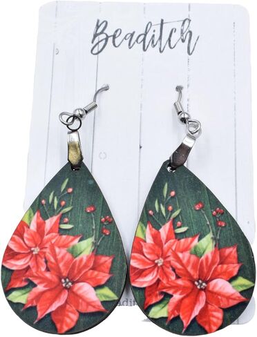 Red Poinsettia Flower Earrings - Christmas Teardrop Earrings in Saudi Arabia