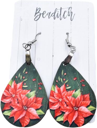 Red Poinsettia Flower Earrings - Christmas Teardrop Earrings in Saudi Arabia