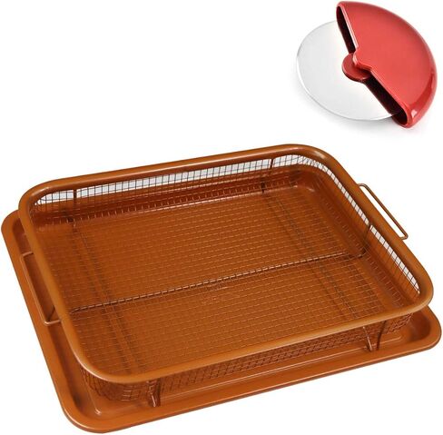 Deluxe Copper Crisper - 2-Pieces Nonstick Oven Air Fryer Pan/Tray & Mesh Basket Set - Air Fryer in Oven - Ideal for French Fry - Frozen Food, Baking Sheet without Oil - Bonus Pizza Cutter - WHG in Saudi Arabia