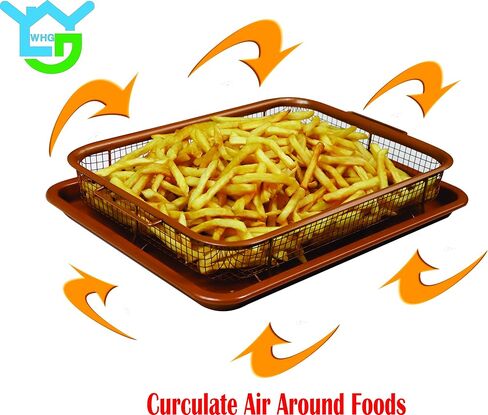 Deluxe Copper Crisper - 2-Pieces Nonstick Oven Air Fryer Pan/Tray & Mesh Basket Set - Air Fryer in Oven - Ideal for French Fry - Frozen Food, Baking Sheet without Oil - Bonus Pizza Cutter - WHG in Saudi Arabia