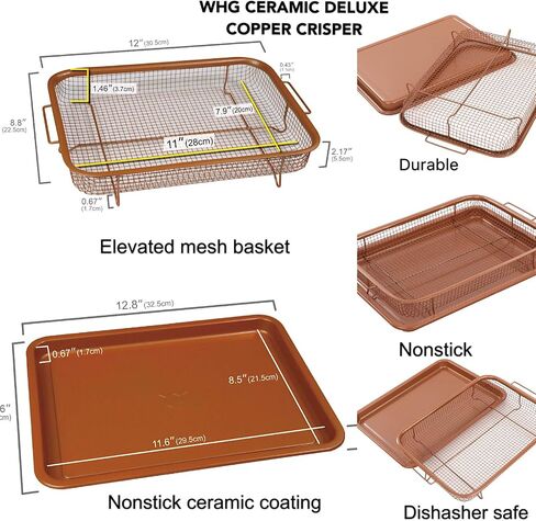 Deluxe Copper Crisper - 2-Pieces Nonstick Oven Air Fryer Pan/Tray & Mesh Basket Set - Air Fryer in Oven - Ideal for French Fry - Frozen Food, Baking Sheet without Oil - Bonus Pizza Cutter - WHG in Saudi Arabia