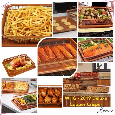 Deluxe Copper Crisper - 2-Pieces Nonstick Oven Air Fryer Pan/Tray & Mesh Basket Set - Air Fryer in Oven - Ideal for French Fry - Frozen Food, Baking Sheet without Oil - Bonus Pizza Cutter - WHG in Saudi Arabia