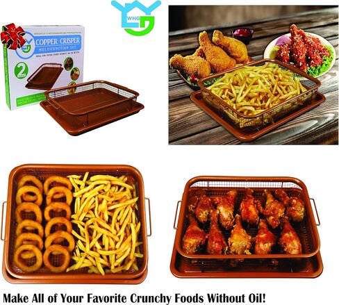 Deluxe Copper Crisper - 2-Pieces Nonstick Oven Air Fryer Pan/Tray & Mesh Basket Set - Air Fryer in Oven - Ideal for French Fry - Frozen Food, Baking Sheet without Oil - Bonus Pizza Cutter - WHG in Saudi Arabia