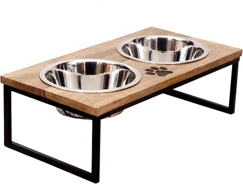 Wood & Metal Dog Bowls Feeder Adjustable Mango Wood Raised Dog Bowls for Small Dogs and Cats Dog Food Bowl Stand with 2 Stainless Steel Bowl (Medium) and 1 Wooden Scoop in Saudi Arabia