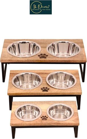 Wood & Metal Dog Bowls Feeder Adjustable Mango Wood Raised Dog Bowls for Small Dogs and Cats Dog Food Bowl Stand with 2 Stainless Steel Bowl (Medium) and 1 Wooden Scoop in Saudi Arabia