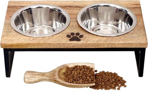 Wood & Metal Dog Bowls Feeder Adjustable Mango Wood Raised Dog Bowls for Small Dogs and Cats Dog Food Bowl Stand with 2 Stainless Steel Bowl (Medium) and 1 Wooden Scoop in Saudi Arabia