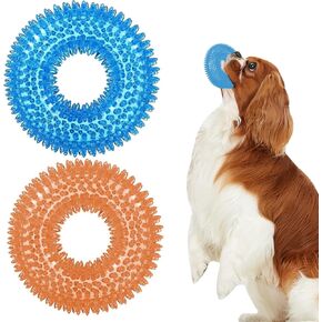 BLMHTWO 2PCS Dog Spiky Toy, Durable Squeaky Balls Chew Toy Rubber Puppy Dental Ring Dog Toy Pool Rings for Small Medium Dogs Indoor Outdoor Training Teeth Cleaning (Blue, Orange)
