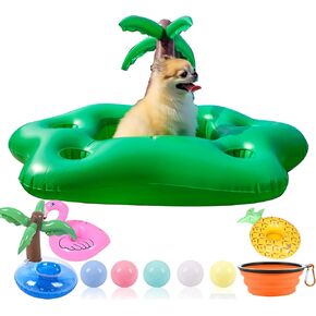 مجموعة عوامات حوض سباحة الكلاب، طوف تعويم للكلاب مع وعاء قابل للطي للكلاب، ألعاب مائية عائمة غير سامة للكلاب الصغيرة والجراء والكلاب، شجرة جوز الهند in Kuwait