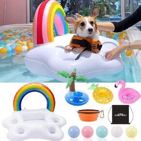 Dog Pool Floats Set, Dog Float Raft with Collapsible Dog Bowl, Non-Toxic Floating Dog Water Toys for Small Dog, Puppy and Doggies, Coconut Tree
