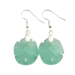 Yinahawaii Handmade Sea Glass Earrings, Hawaiian Jewelry for Women, Aquamarine Sand Dollar Earrings, Sea Glass Jewelry For Women, Beach Jewelry Birthday Gift For Women (March Birthstone Jewelry)